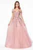 Off the shoulder ball gown with lace applique and lace up corset back.