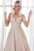 Off the shoulder ball gown with lace applique bodice and netted jacquard skirt